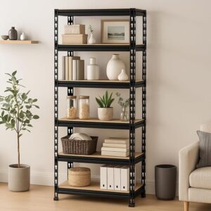 JD FRESH 6-Shelf Adjustable Boltless Metal Shelving Unit/60 x 24 x 12 Inch Metal Storage Rack with Wooden Planks/Standing Shelf Unit for Home/Garage/Office & Shop/Utility Display Rack (Black)